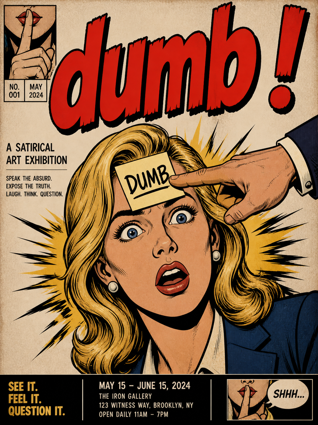讽刺漫画风格海报：dumb 字样与被贴标签的女性形象